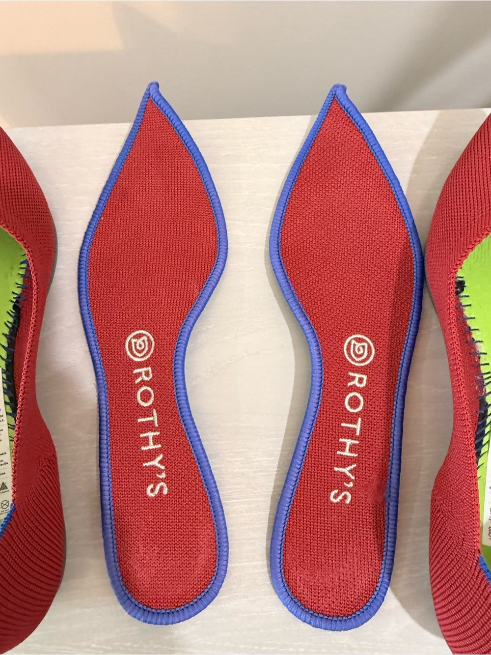 Rothy's Red Pointed-Toe Knit Flats with Blue Trim - Picture 2 of 11